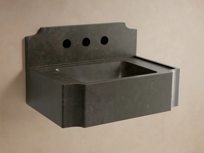 Front view of dark grey Dottie Wall-Mounted Sink with Backsplash, featuring an integrated, shaped backsplash and chrome faucet.