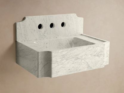Front view of the white marble Dottie Wall-Mounted Sink with Backsplash, featuring an integrated basin and wall-mounted chrome faucets.