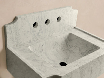 Front view of the white marble Dottie Wall-Mounted Sink with Backsplash, featuring three faucet holes and an integrated backsplash.