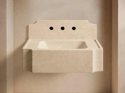 Front view of the light beige Dottie Wall-Mounted Sink with Backsplash, featuring an integrated backsplash and chrome faucet fixtures.