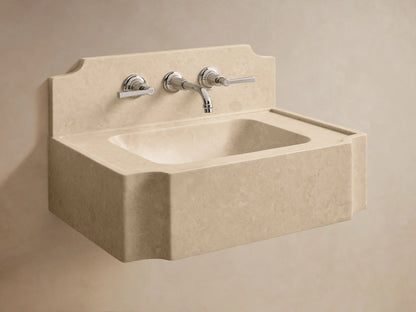 Front view of the light beige Dottie Wall-Mounted Sink with Backsplash, a solid stone sink with three black faucet holes and a curved top.