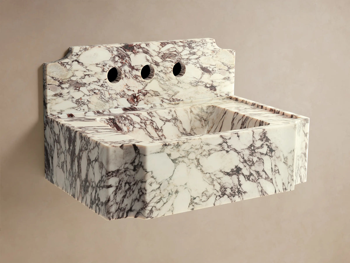 Front view of the white and purple honed marble Dottie Wall-Mounted Sink with Backsplash, with a silver wall-mounted faucet.