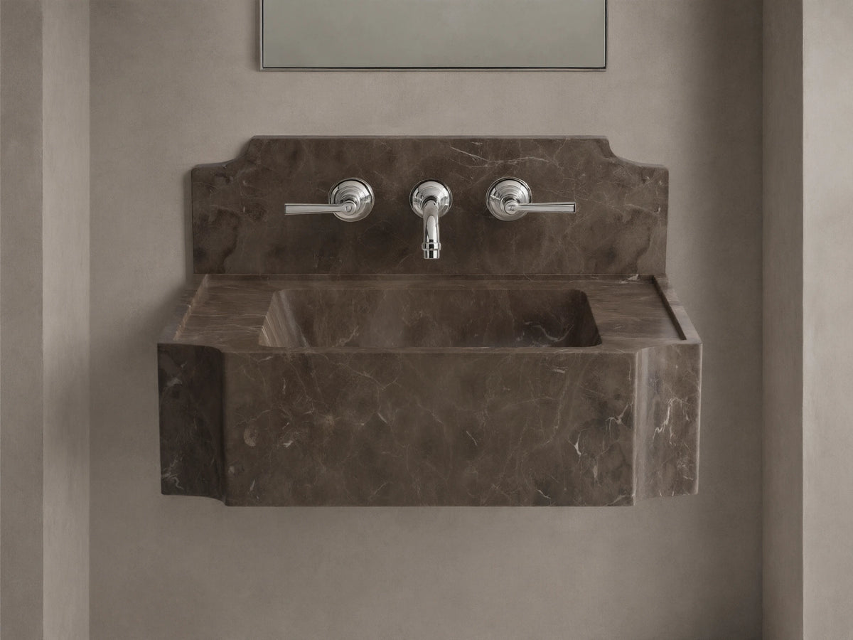 Front view of the dark brown marbled Dottie Wall-Mounted Sink with Backsplash, featuring a rectangular basin and chrome wall-mounted faucet.