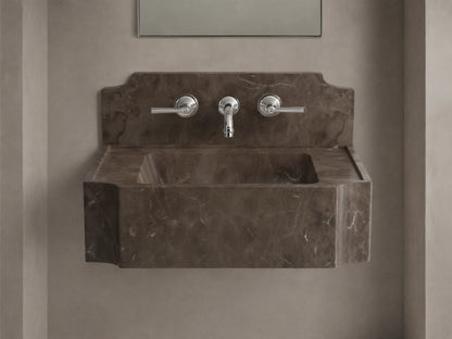 Front view of the dark brown marbled Dottie Wall-Mounted Sink with Backsplash, featuring a rectangular basin and chrome wall-mounted faucet.