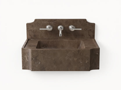 Front view of the dark brown marbled Dottie Wall-Mounted Sink with Backsplash, featuring a rectangular basin and chrome wall-mounted faucet.