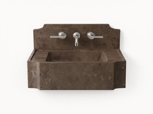 Front view of the dark brown marbled Dottie Wall-Mounted Sink with Backsplash, featuring a rectangular basin and chrome wall-mounted faucet.
