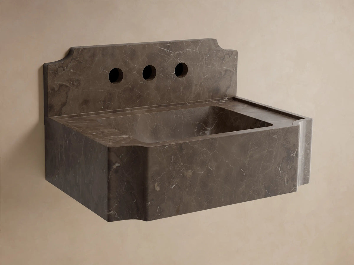 Front view of the dark brown marbled Dottie Wall-Mounted Sink with Backsplash, featuring a rectangular basin and chrome wall-mounted faucet.