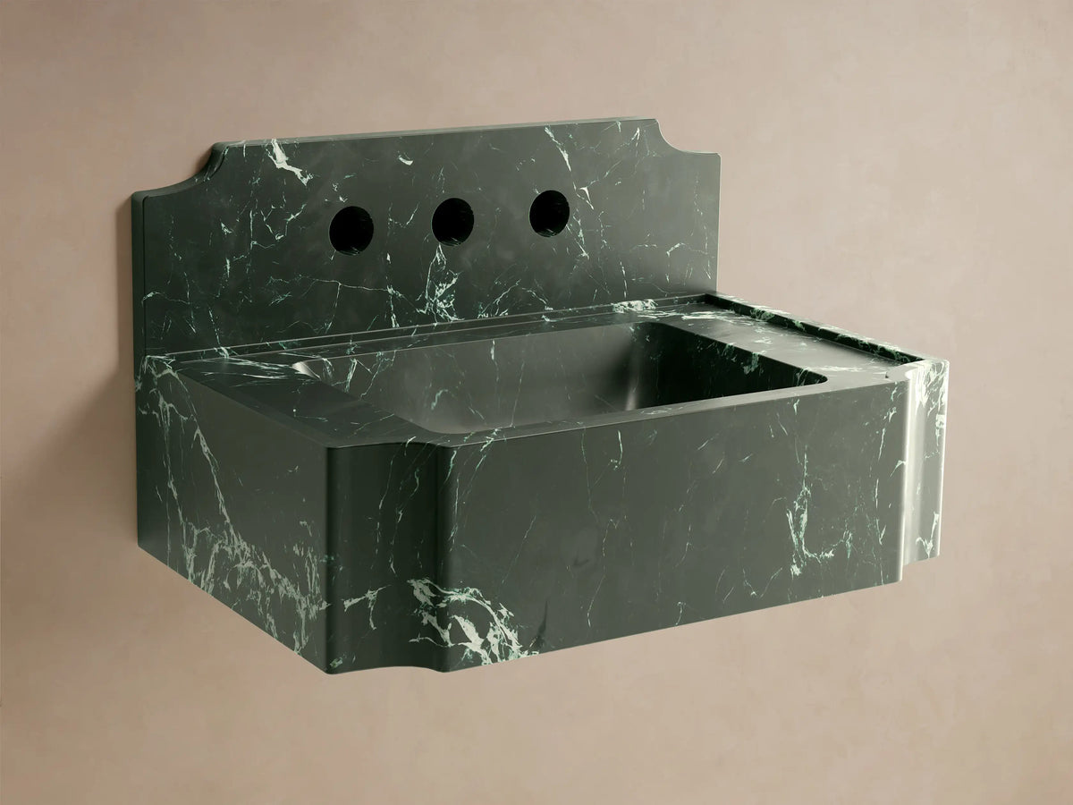 Front view of the dark green Dottie Wall-Mounted Sink with Backsplash, solid stone with white veining and chrome faucet.