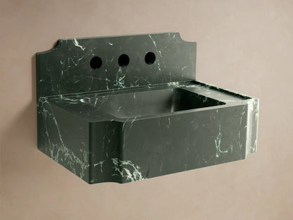 Front view of the dark green Dottie Wall-Mounted Sink with Backsplash, solid stone with white veining and chrome faucet.