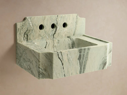 Front view of a green marble Dottie Wall-Mounted Sink with Backsplash, featuring black veining and a chrome wall-mounted faucet.