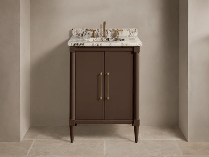 Front view of the dark brown Oakleigh Powder Vanity™ with a white veined marble top, gold faucet, and two brass handles.
