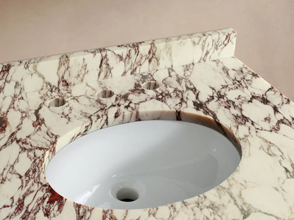 Front view of the dark brown Oakleigh Powder Vanity with a multi-toned marble top, integrated backsplash, gold handles, and tapered legs.