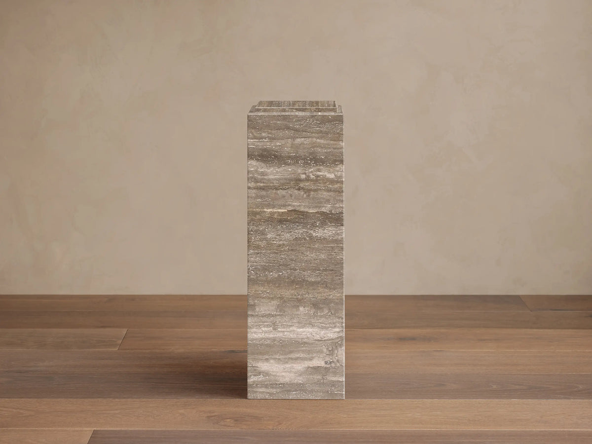 Front view of the rectangular Marmont Pedestal, natural stone with brown, gray, and beige veining, stepped top, matte finish.