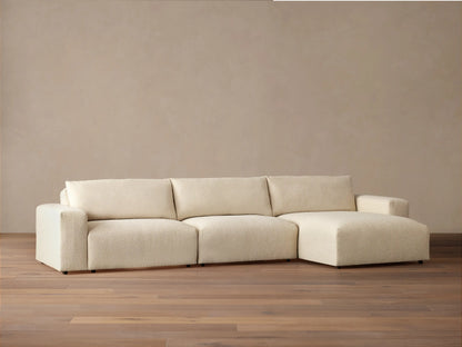 Keegan 3-piece sectional, cream textured fabric, right-facing chaise, modern style in a neutral room.