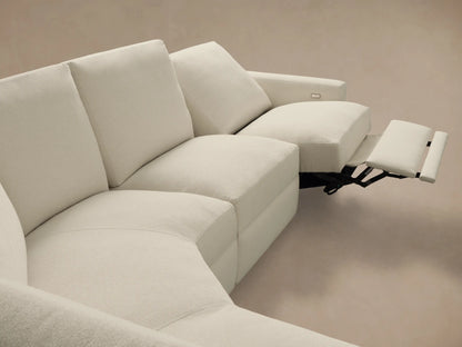 Close-up of a metallic two-button motion control on the light textured fabric side of the Remington Five-Piece Motion Corner Sectional.