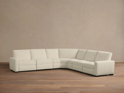 Front view of the cream Remington Five-Piece Motion Corner Sectional, with the left recliner extended.