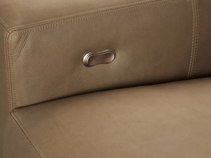 Remington tan leather three-piece motion sofa. Modern design with three distinct sections, visible from the front in a neutral room.