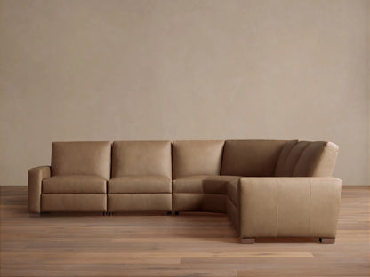 Remington Leather Five-Piece Motion Corner Sectional, L-shaped, in light brown leather on a wood floor against a light wall.