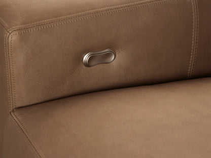 Remington Five-Piece Motion Corner Sectional, tan leather, L-shaped, on a wood floor against a neutral wall.