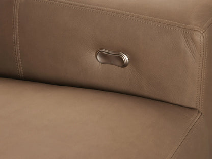 Remington Leather Six-Piece Motion Sectional, L-shaped, light brown, on a light wood floor against a beige wall.