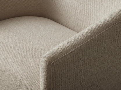 Ellison Oversized Swivel Chair upholstered in light beige textured fabric with rounded arms and a dark swivel base.