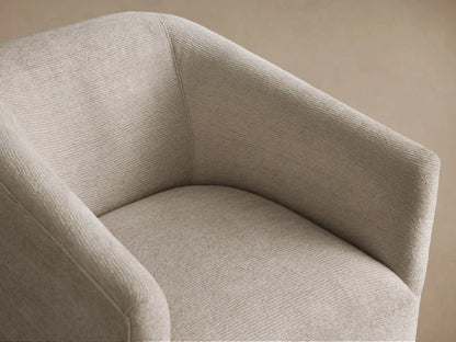 Front view of an Ellison Swivel Glider, a light beige textured fabric chair with curved arms and a black swivel base.