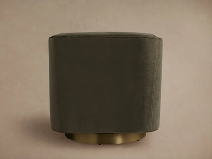 Ellison Metal Plinth Swivel Chair in dark upholstery fabric, showcasing a sleek, tapered back and bronze metal base on a neutral background.
