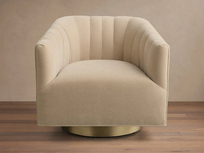 Front view of the beige Ellison Channel-Stitched Metal Plinth Swivel Chair with a channel-stitched backrest and gold metal plinth base.