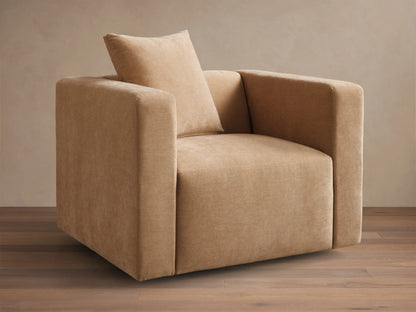 Front view of the tan Brady Swivel Chair, featuring a square, modern design with thick arms and a matching back cushion.