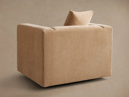 Back three-quarter view of a beige Brady Swivel Chair, featuring a single back cushion.