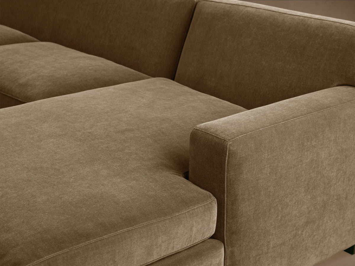 Bronte Two-Piece Chaise Sectional in olive green, right-facing chaise. Modern design, clean lines, block arms on wood floor.