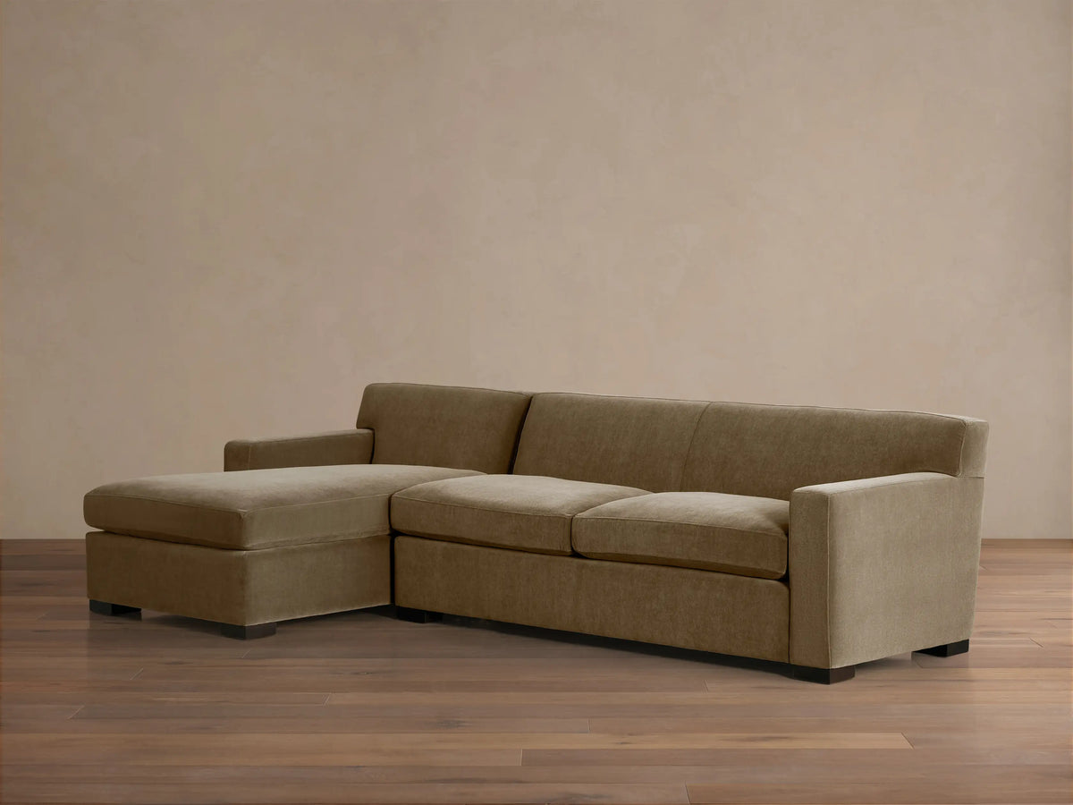 Bronte Two-Piece Chaise Sectional, olive green, with a left-facing chaise, plush seat & back cushions, and wide arms.