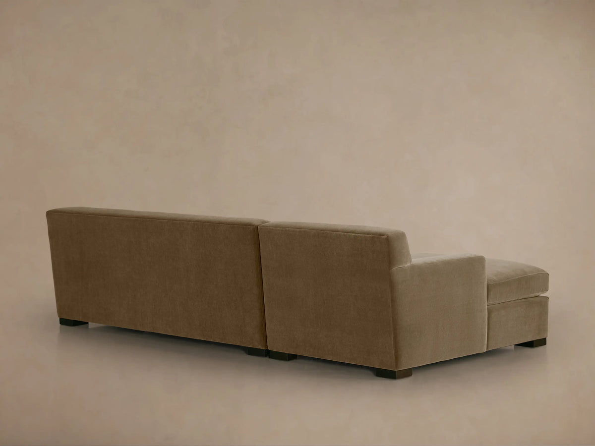 Bronte Two-Piece Chaise Sectional, close-up of warm brown textured fabric on square armrest, seat, and chaise.