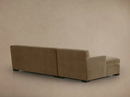 Bronte Two-Piece Chaise Sectional, close-up of warm brown textured fabric on square armrest, seat, and chaise.