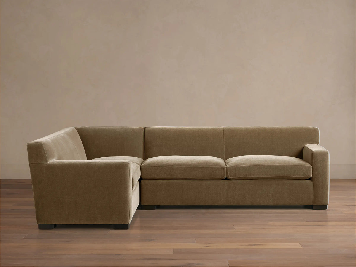 Bronte Two-Piece Sectional, L-shaped, upholstered in soft olive green fabric, with plush seat & back cushions.