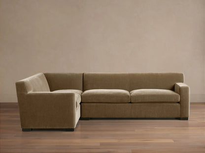 Bronte Two-Piece Sectional, L-shaped, upholstered in soft olive green fabric, with plush seat & back cushions.