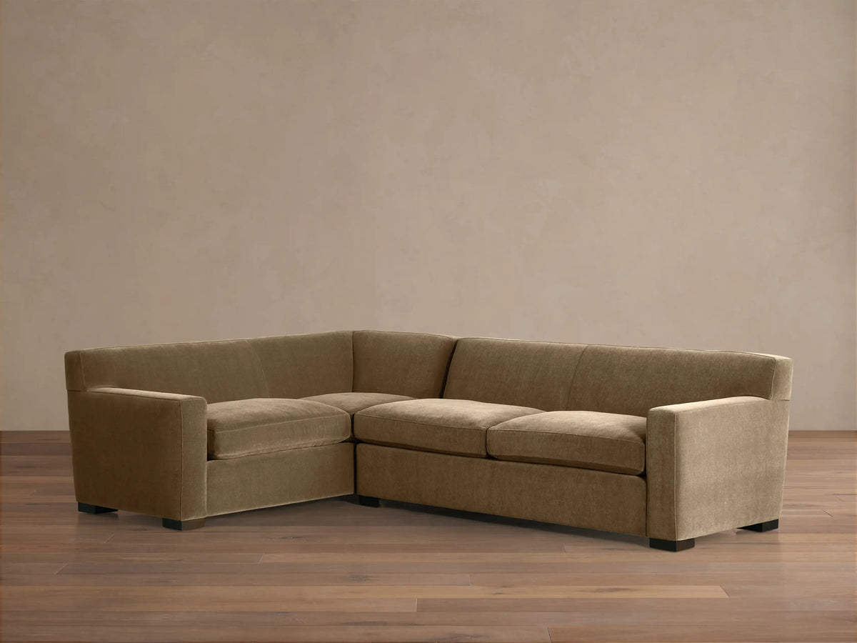 Bronte Two-Piece Sectional, L-shaped, upholstered in soft olive green fabric, with plush seat & back cushions.