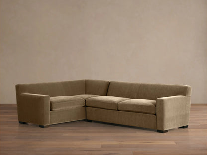 Bronte Two-Piece Sectional, L-shaped, upholstered in soft olive green fabric, with plush seat & back cushions.
