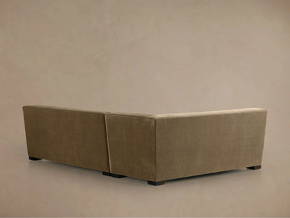 Close-up of Bronte Two-Piece Sectional's corner in a soft, textured warm brown fabric, showing armrest & plush seat cushions.