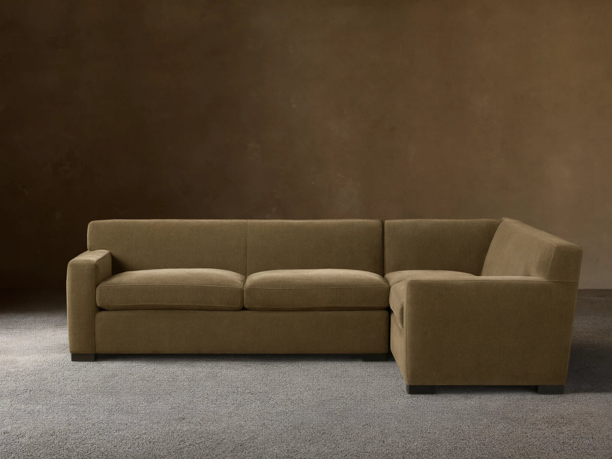 Bronte Two-Piece Sectional, L-shaped, upholstered in soft olive green fabric, with plush seat & back cushions.