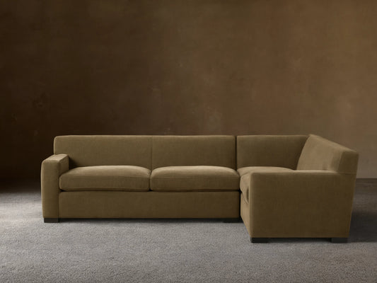 Bronte Two-Piece Sectional, L-shaped, upholstered in soft olive green fabric, with plush seat & back cushions.