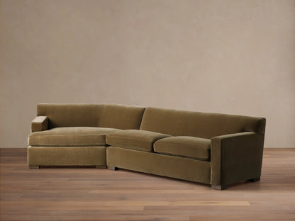Front view of the olive green velvet Bronte Two-Piece Cuddle Chaise Sectional, featuring a left-arm chaise.