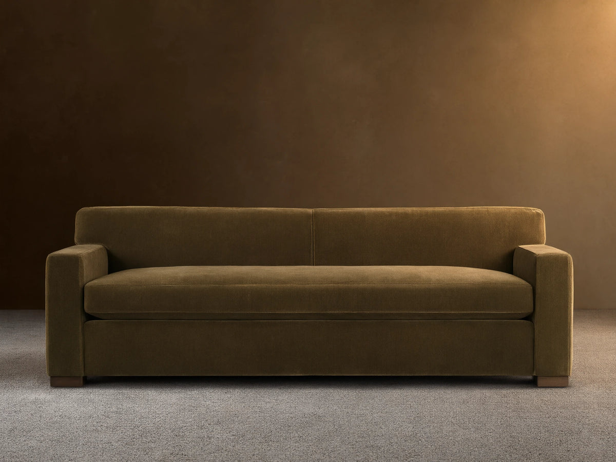 Front view of the olive green Bronte Bench-Seat Sofa with a single bench cushion and wide square arms.