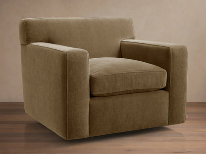 Bronte Swivel Chair, upholstered in textured, earthy brown-green fabric, with clean lines, wide squared arms, on a wood floor.