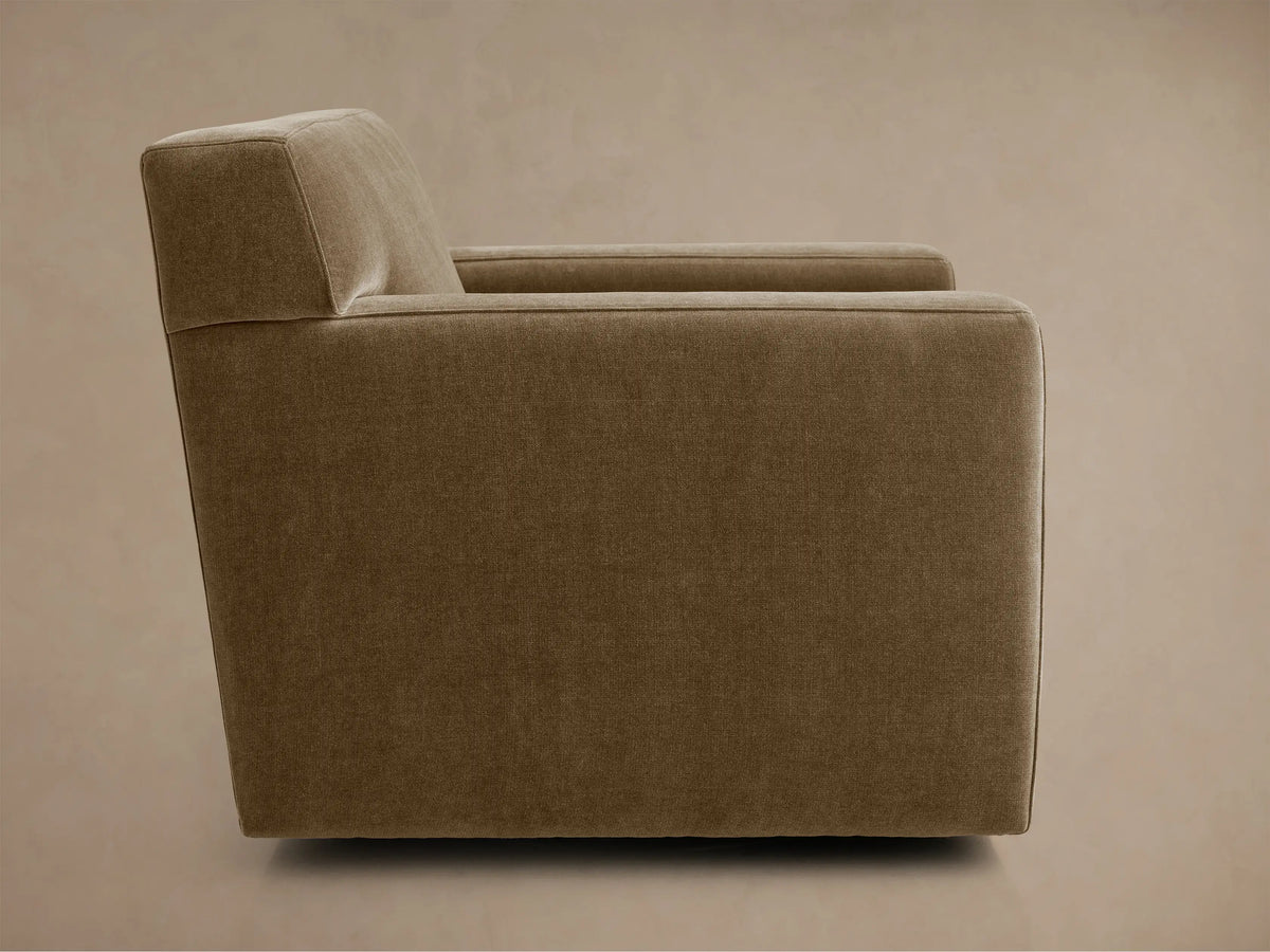 Khaki brown Bronte Swivel Chair, a modern armchair in textured fabric with wide arms and plush cushions, front view.