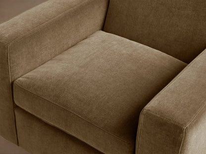 Bronte Swivel Chair, side view. Plush, rectangular olive-brown velvet-like fabric. Smooth, flat arms.