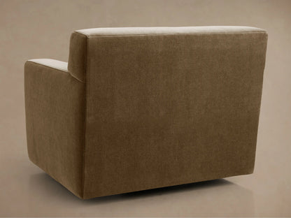 Close-up of the Bronte Swivel Chair, showing its textured neutral brown fabric seat cushion and square armrests from above.