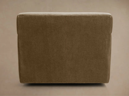 Angled back and left side view of a Bronte Swivel Chair, upholstered in soft, textured olive-brown fabric with clean lines.