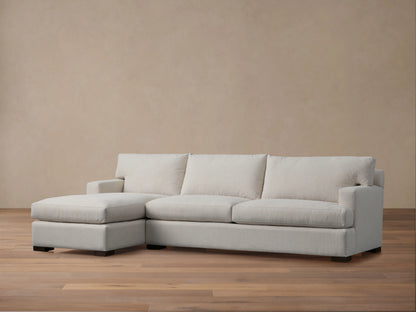 Zarevium Dune Two-Piece Chaise Sectional, close-up of arm and chaise in off-white Crypton Snow fabric with textured finish.