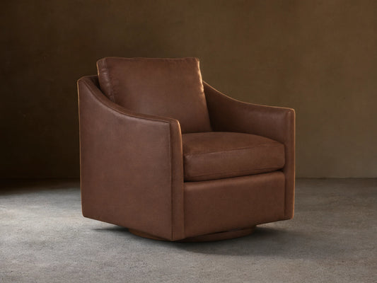 Branson Leather Swivel Chair, rich brown, angled slightly right. Plush seat & back cushions, wide arms on wood floor.